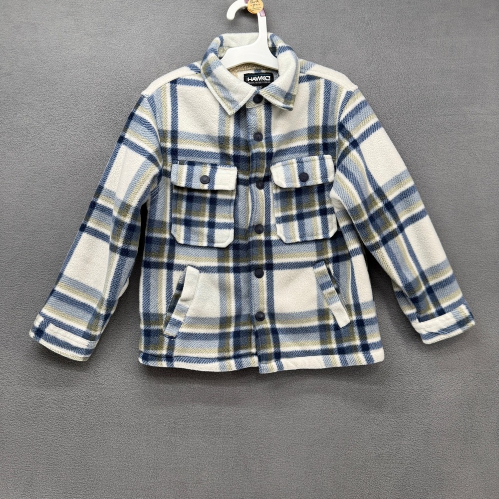 Tony Hawk Shirt Jacket Boys Size M 5/6 Blue Plaid Fleece Faux Shearling Lined